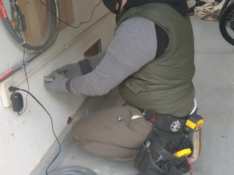 Electrician performing outlet wiring in a Clifton garage